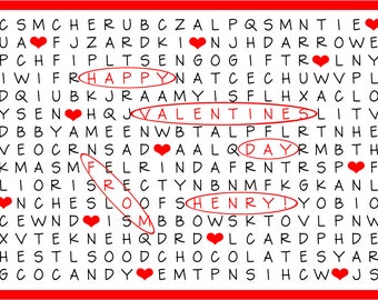 Personalized Kids Printable Valentines Day Card Word Search sheet of 8 2.5x3.5" wallet sized cards / Hidden Words Puzzle for Children