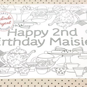 Tea Party Themed Birthday Decor Coloring Page Table Runner / - Etsy