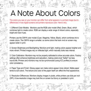 May include: A note about color differences between digital screens and printed images. The text explains how RGB and CMYK color models, screen brightness, color calibration, paper type, and resolution affect how colors appear.