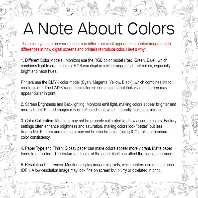 May include: A note about color differences between digital screens and printed images. The text explains how RGB and CMYK color models, screen brightness, color calibration, paper type, and resolution affect how colors appear.