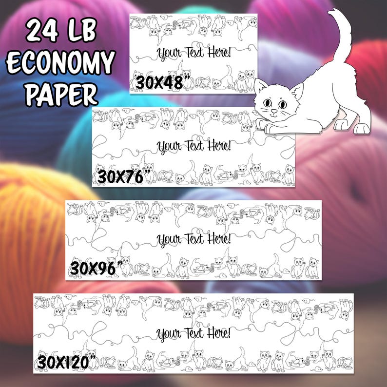 This image shows the 4 standard sizes for 24 lb economy paper coloring table runners. They are 30x48", 30x76", 30x96", and 30x120".