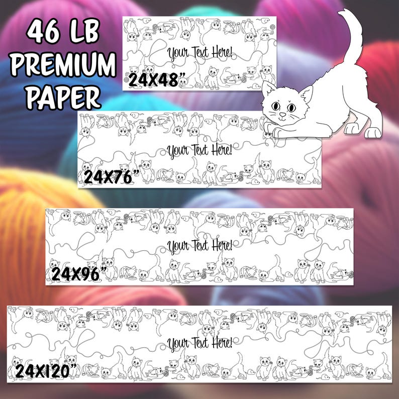 This image shows the standard sizes for 46 lb premium paper coloring table runners. They are 24x48", 24x76", 24x96", and 24x120".