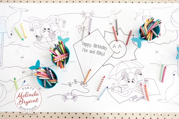 Beach Birthday Decor Coloring Page Table Runner Pool Party First