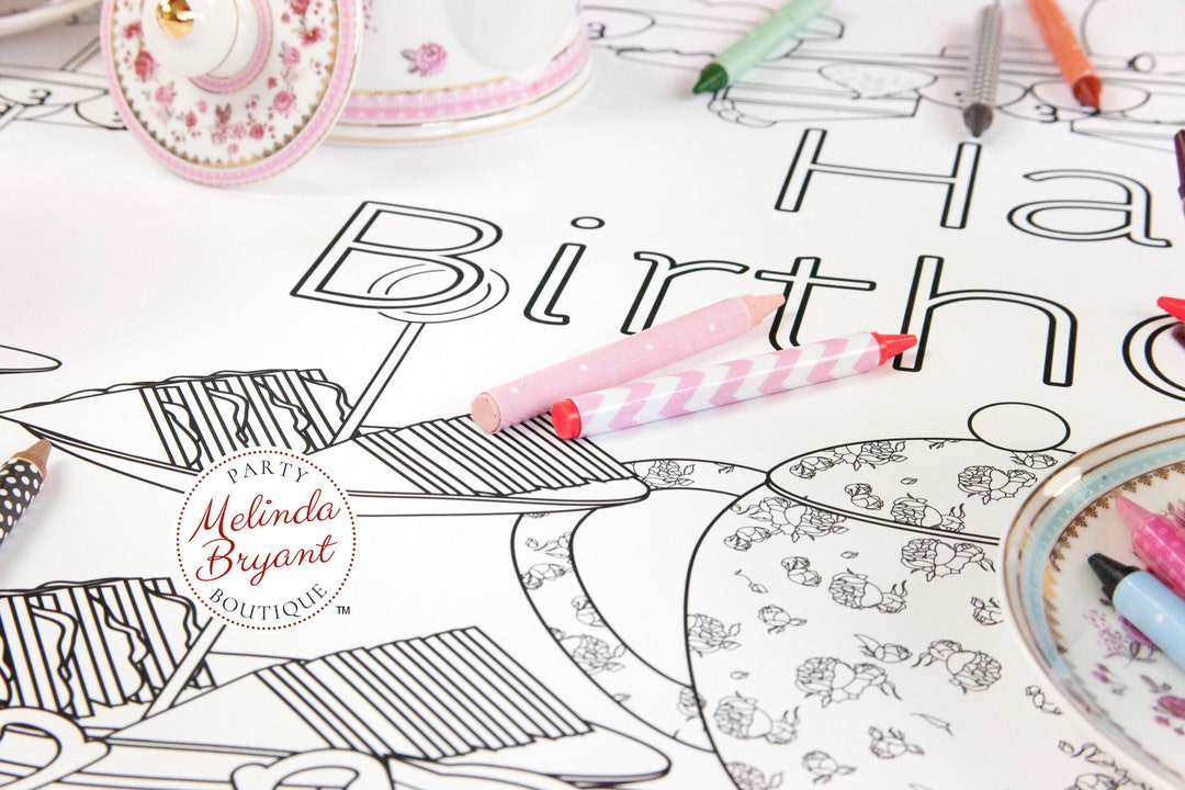 Tea Party Themed Birthday Decor Coloring Page Table Runner / - Etsy