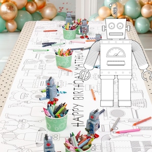 Robot Coloring Table Runner: Personalized Birthday Party Activity / Paper Art Banner for Kids Tech Engineering Event / Disposable Tablecloth