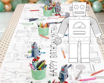 Robot Coloring Table Runner: Personalized Birthday Party Activity / Paper Art Banner for Kids Tech Engineering Event / Disposable Tablecloth