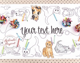 Personalized Kitty Cat Birthday Coloring Table Runner / Are You Kitten Me Right Meow Activity Tablecloth Kids Birthday Party Decoration