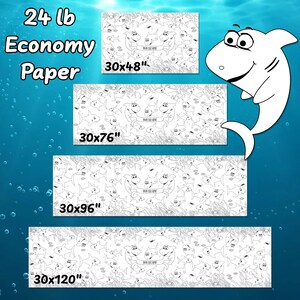 This image shows the 4 standard sizes for 24 lb economy paper coloring table runners. They are 30x48", 30x76", 30x96", and 30x120".