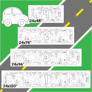 This image shows the standard sizes for the cars and trucks coloring table runner: 24x48", 24x76", 24x96", 24x120"