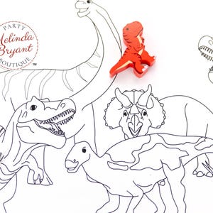 May include: A coloring page featuring outlined dinosaurs, including a Tyrannosaurus Rex, Brachiosaurus, and Triceratops. Two small, colorful dinosaur figurines are placed on the page. The text "Party Melinda Bryant Boutique" is in a circle.