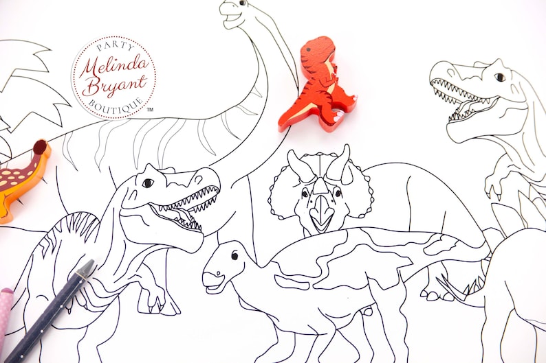 May include: A coloring page featuring outlined dinosaurs, including a Tyrannosaurus Rex, Brachiosaurus, and Triceratops. Two small, colorful dinosaur figurines are placed on the page. The text "Party Melinda Bryant Boutique" is in a circle.