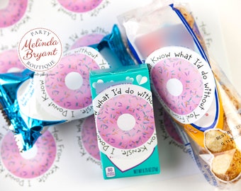 Kids Personalized Valentines Pink Donut Themed Sticker Sheets, Kit Options Include Bags / Easy Assembly Party Favor Kits First Birthday