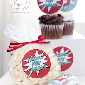 Super Hero Party Stickers 2.5 inch Comic Book Birthday Decor and Favor Kits Cupcake Toppers Treat Bag Labels Baby First Birthday Decorations