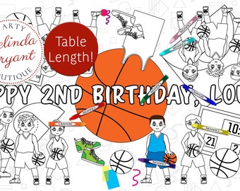 Jeugdbasketbal Gepersonaliseerde kleurplaat Tafelloper / Eerste verjaardagsversieringen / Tafelactiviteiten kinderen / Spelletjes voor kinderen