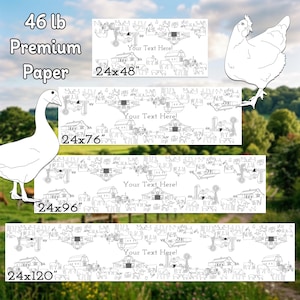 This image shows the standard sizes for 46 lb premium paper coloring table runners. They are 24x48", 24x76", 24x96", and 24x120".