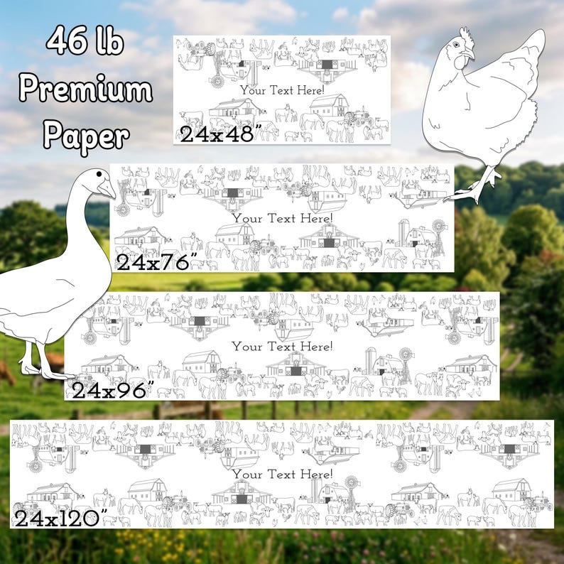 This image shows the standard sizes for 46 lb premium paper coloring table runners. They are 24x48", 24x76", 24x96", and 24x120".