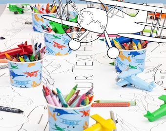 Personalized Airplane Coloring Table Runner Birthday Party Activity with Vintage and Modern Planes Custom Banner Family Toddler Entertaining