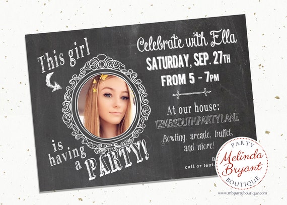 Tween Birthday Printable Invitations 5x7 Girl Slumber Party Teen Chalkboard Style Evite Sleepover Custom Invite Personalized Selfie Photo Il_570xn