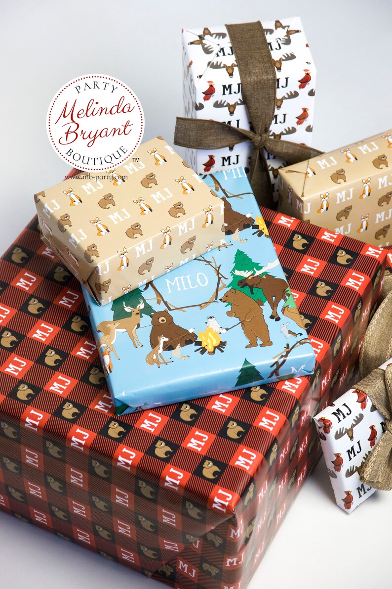 Monogrammed Woodland Gift Wrap perfect for first birthday or Christmas featuring foxes and bears / personalized custom wrapping paper image 8