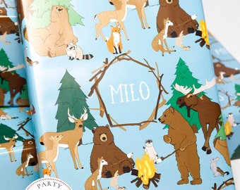 Personalized Woodland Gift Wrap perfect for first birthday or Christmas featuring sky blue with animals / personalized custom wrapping paper
