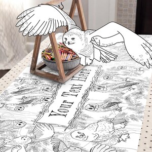 Camino de mesa para colorear con temática de búhos / Decoración de búhos estilo mago, actividad para niños / Pancarta personalizada de bosque / Mantel de papel para fiesta de cumpleaños