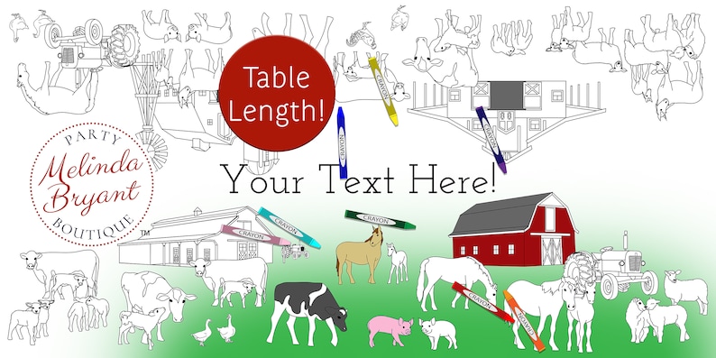 May include: A black and white coloring page featuring a farm scene with animals, barns, and a tractor. The text "Table Length!" and "Your Text Here!" is included on the page.