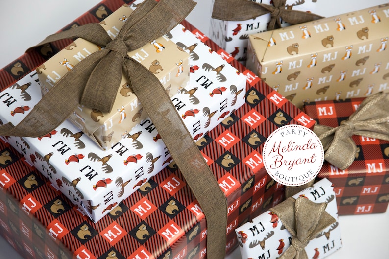 Monogrammed Woodland Gift Wrap perfect for first birthday or Christmas featuring foxes and bears / personalized custom wrapping paper image 6