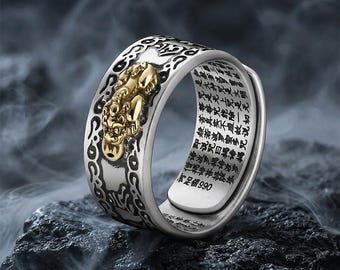 S925 Sterling Silver Pixiu Heart Sutra Ring, Buddhist Feng Shui Wealth Amulet, Adjustable Band