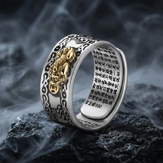 ①般若RING Silver925 S925 Sterling Silver Pixiu Heart Sutra Ring, Buddhist Feng Shui