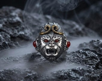 S925 Sterling Silver Monkey King Ring, Handmade Jewelry Sun Wukong Lucky Amulet, Adjustable Ring, Tibetan Buddhist Protection & Wisdom