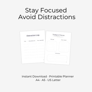 Agenda minimalista per la concentrazione, monitoraggio delle distrazioni, produttività quotidiana (download immediato)