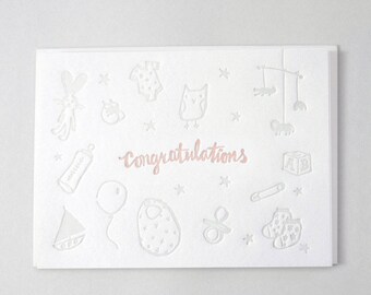 Letterpress Congratulations card for Baby Girl, Toy illustrations, Card, Greeting Card, Folded Card, Envelope, Present, Message