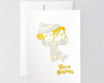 Letterpress Christmas Greeting Card Warm Wishes, Cute Christmas Card with Hat and Scarf Illustration, Handprinted Card, Christmas Greetings