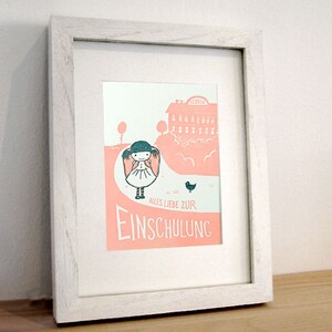 May include: A pink and white illustrated card with a girl in a blue dress and a bird. The text reads "Alles Liebe zur Einschulung".