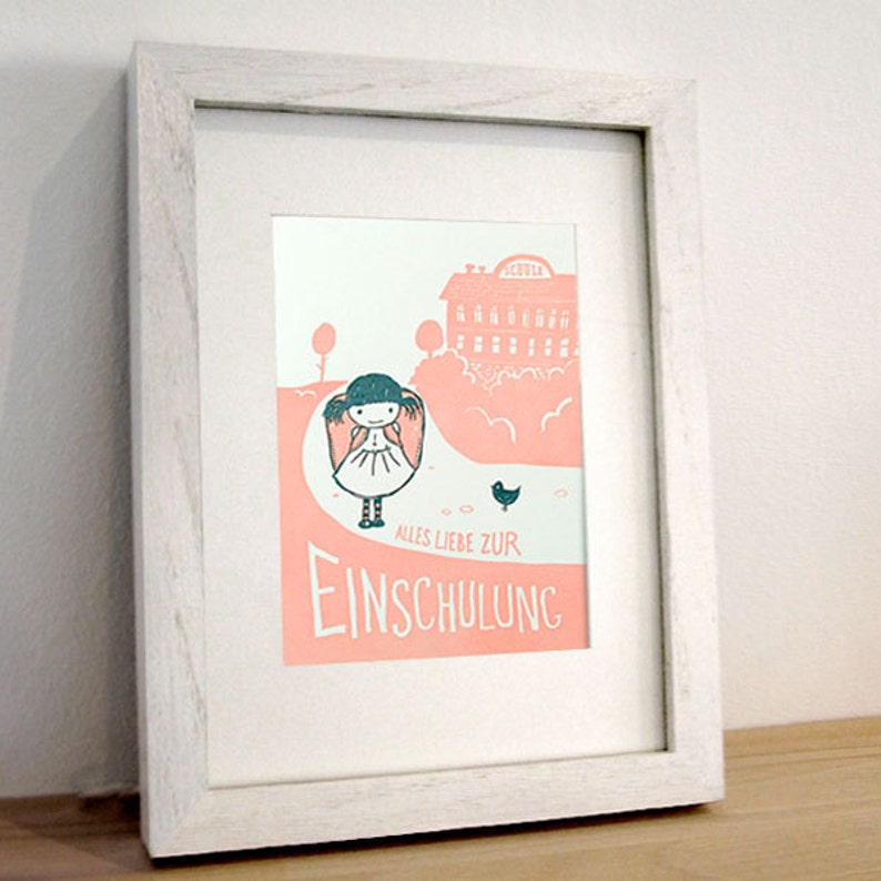 May include: A pink and white illustrated card with a girl in a blue dress and a bird. The text reads "Alles Liebe zur Einschulung".