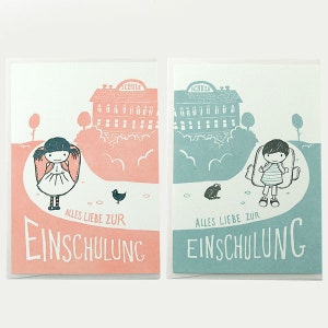 May include: Two greeting cards with illustrations of children walking to school. The cards are pink and blue with the text "Alles Liebe zur Einschulung" which translates to "All the best for starting school".