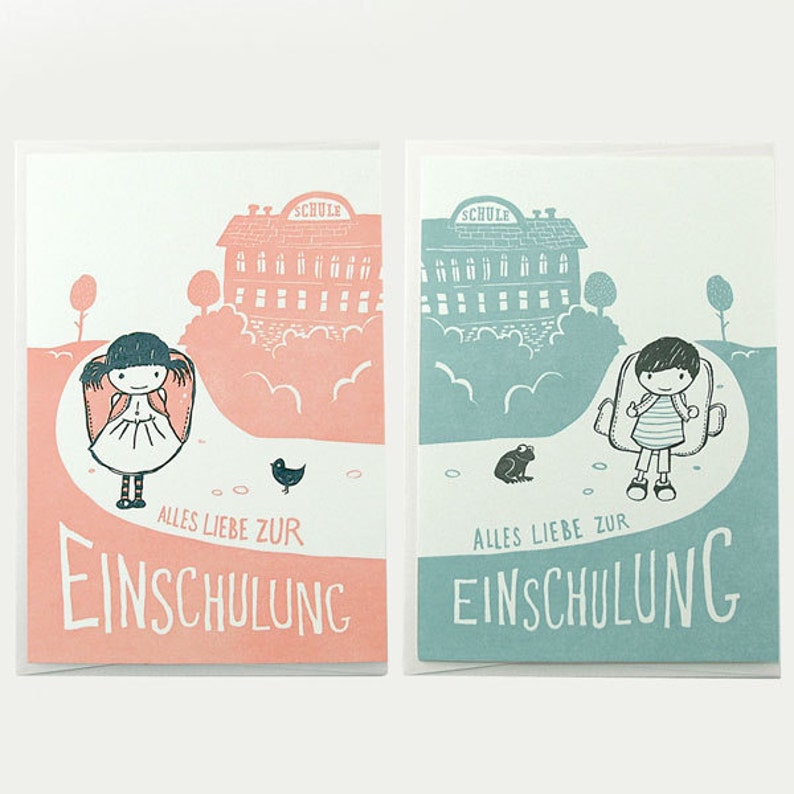 May include: Two greeting cards with illustrations of children walking to school. The cards are pink and blue with the text "Alles Liebe zur Einschulung" which translates to "All the best for starting school".