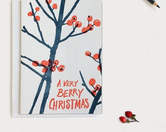 Letterpress Christmas Greeting Card, Berry Christmas Card, Red Winter Berries Illustration, Floral Xmas Card, Quality paper and envelope