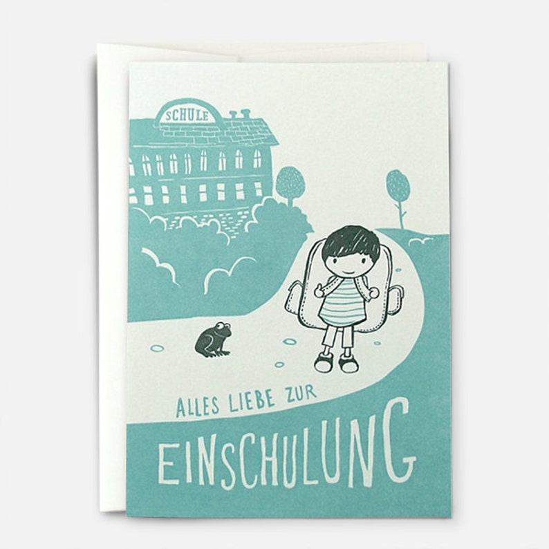 May include: A green and white illustrated card with a child carrying a backpack walking towards a school building. The text on the card reads "Alles Liebe zur Einschulung".