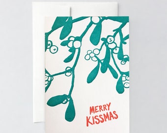 Letterpress Christmas Greeting Card Merry Kisses Card, Mistletoe Floral Illustration, Green bold X-mas Card, Folded Card, Message