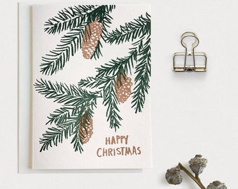 Letterpress Christmas Greeting Card, Happy Christmas Card, Fir Cones Floral Illustration, Green and Copper X-mas Card, Folded Card, Message