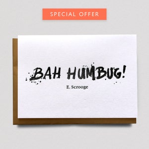 Weihnachtskarte Bah Humbug / Letterpress Weihnachtsgrusskarte, Klappkarte mit Gold Umschlag, minimal Typografie Schwarz Weiß, Scandi Style