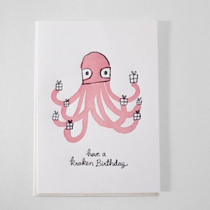 Letterpress Karte zum Geburtstag, Krake mit vielen Geschenken, Klappkarte mit Umschlag, Karte, Grusskarte, Briefumschlag, Geschenk