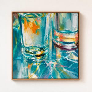 Glasvattenreflektionskonst, impressionistisk ljusskuggaväggdekor, färgglad stillebenmålning, digitaltryck