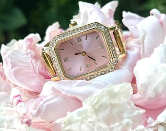 Italiaanse bedelarmband voor dames | Roze wijzerplaat met kristal en goudkleurig roestvrij staal | Modulaire schakelarmband | Verstelbaar horloge cadeau