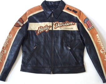 Harley-Davidson Women’s vintage Leather Motorcycle Jacket, Racing Biker Jacket Retro Harley Moto Riding Coat.