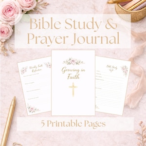 Puede incluir: Un conjunto de cinco páginas imprimibles para un diario de estudio bíblico y oración. Las páginas son blancas con detalles florales y texto dorado. La portada dice "Growing in Faith" con una cruz. El título "Bible Study & Prayer Journal" está en la parte superior.
