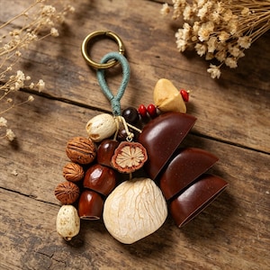 May include: A unique keychain featuring a collection of natural elements. It includes a brass ring, a teal cord, and various organic shapes in shades of brown, beige, and red. The design incorporates nuts, seeds, and other natural materials.