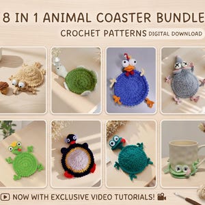 8-in-1 Animal Coaster Crochet Pattern Bundle PDF+Video – Pop-Up Mug Rug Patterns, Amigurumi Cup Holder - Funny Crochet Animal Coasters