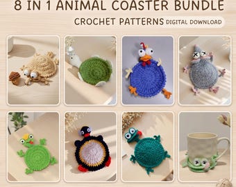 Zestaw wzorów na szydełkowe podstawki w kształcie zwierząt 8 w 1 (PDF + wideo) – wzory na podkładki pod kubki z nadrukiem typu pop-up, uchwyt na kubki z amigurumi – zabawne szydełkowe podstawki w kształcie zwierząt